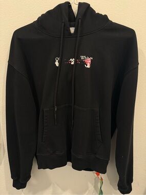 Off-White Black Hoodie with Small Red & White Graphic